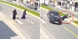 Karşıya geçmeye çalışan kadın, şok bir an yaşadı.